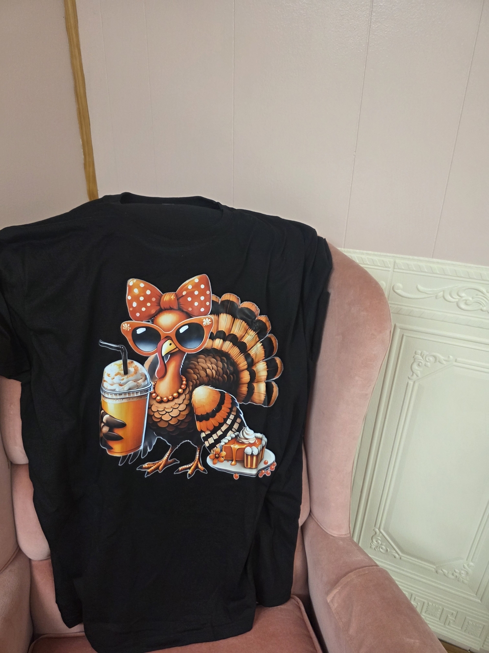 Black Graphic Turkey Tee with Orange Accents